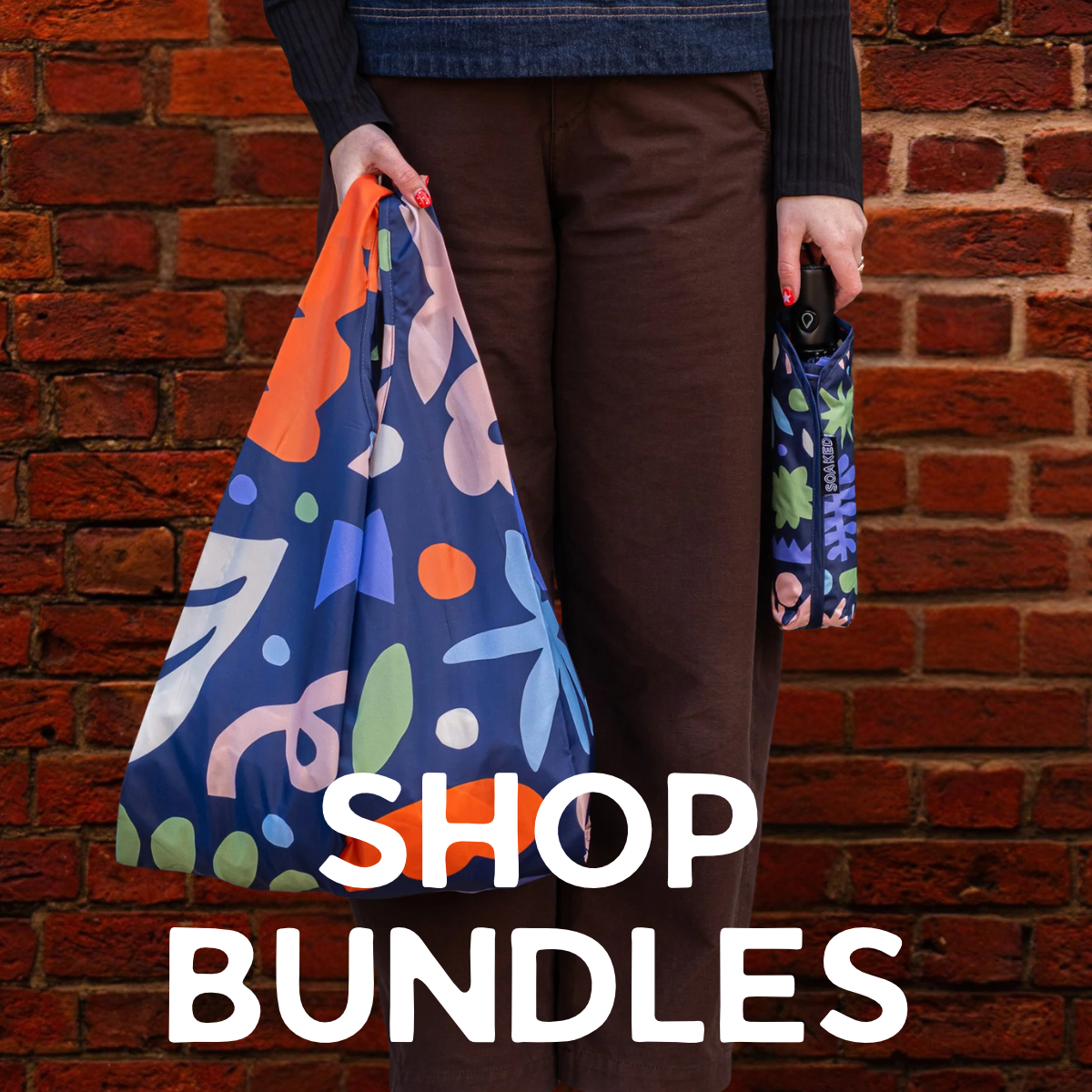 Sustainable gifting umbrella and tote bag, made from recycled plastic bottles and built to last. SOAKED Umbrellas.