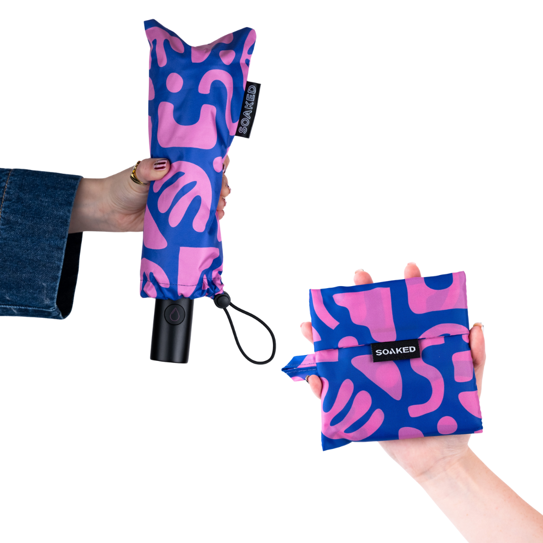 Close view of Bits & Bobs bundle showing bold design across umbrella and bag