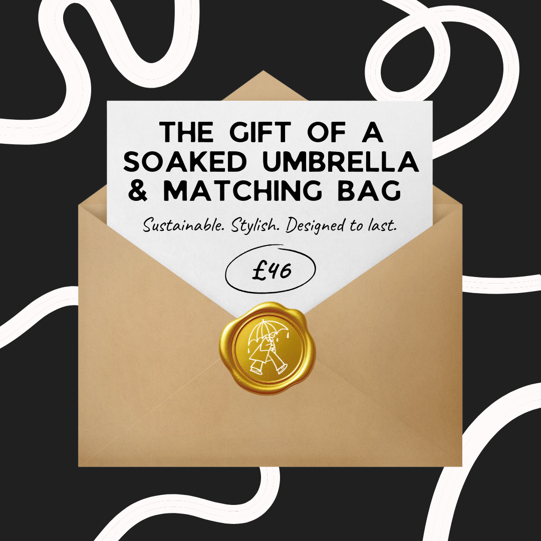 A SOAKED Umbrellas gift card for birthdays Christmas gifting for an umbrella and reusable bag bundle
