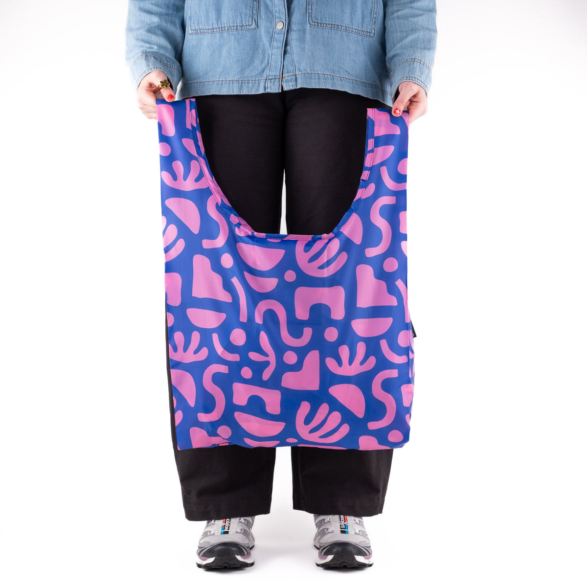 SOAKED Bits and Bobs purple and blue compact foldable recycled plastic tote bag, open