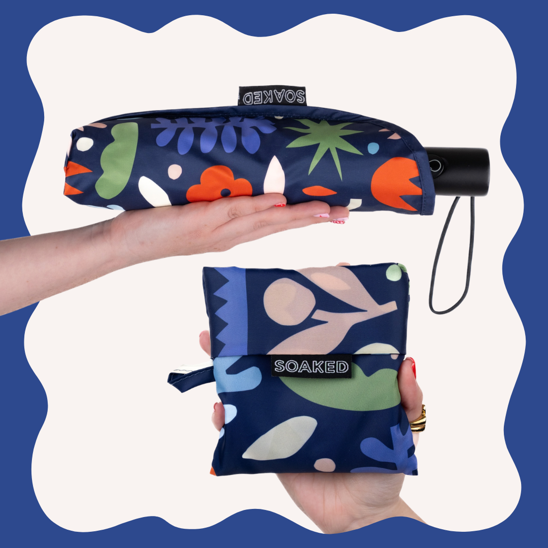 SOAKED Block Party abstract blue and purple umbrella and matching recycled tote bag set, folded small