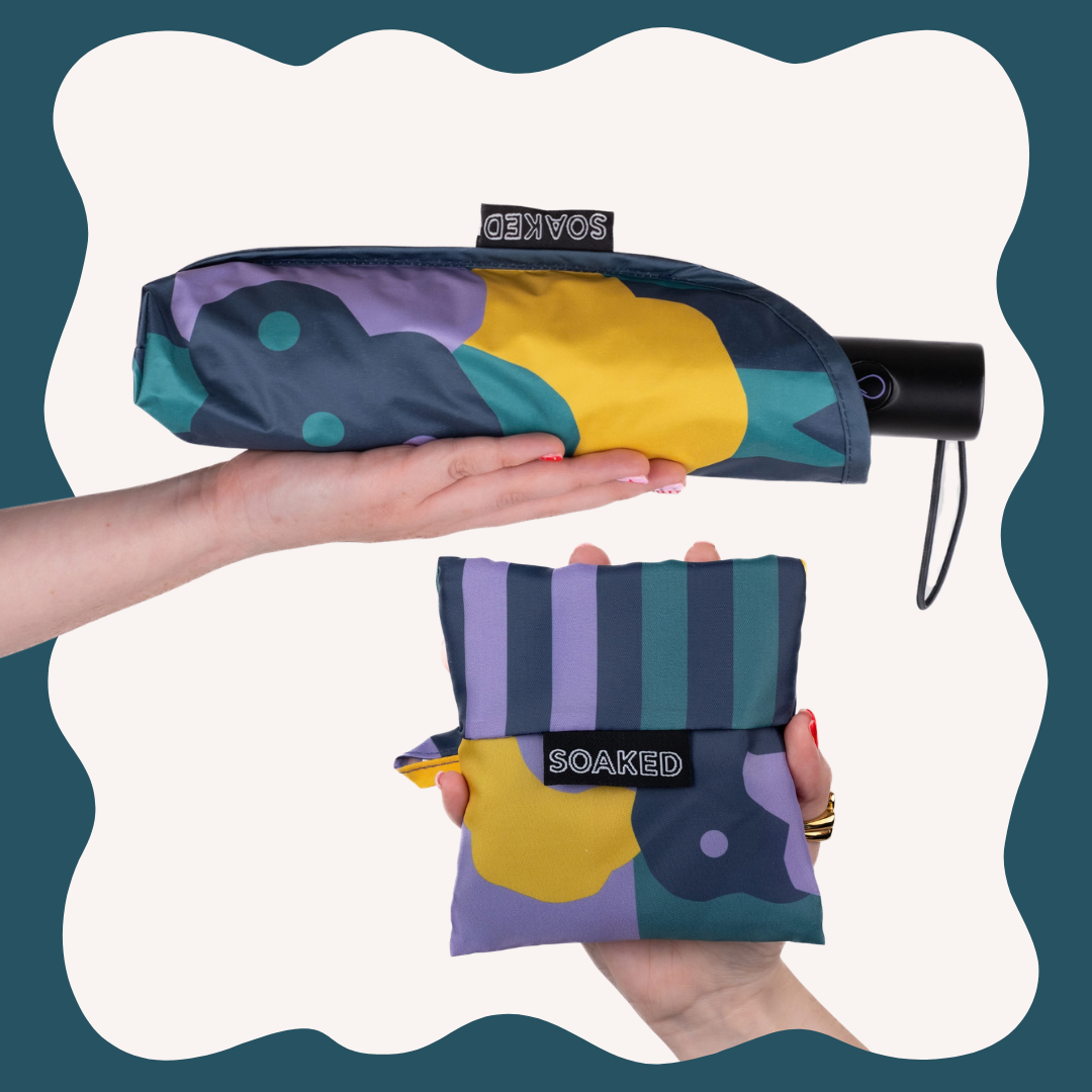 SOAKED Cloudburst cloud and floral umbrella and matching recycled tote bag set, folded small