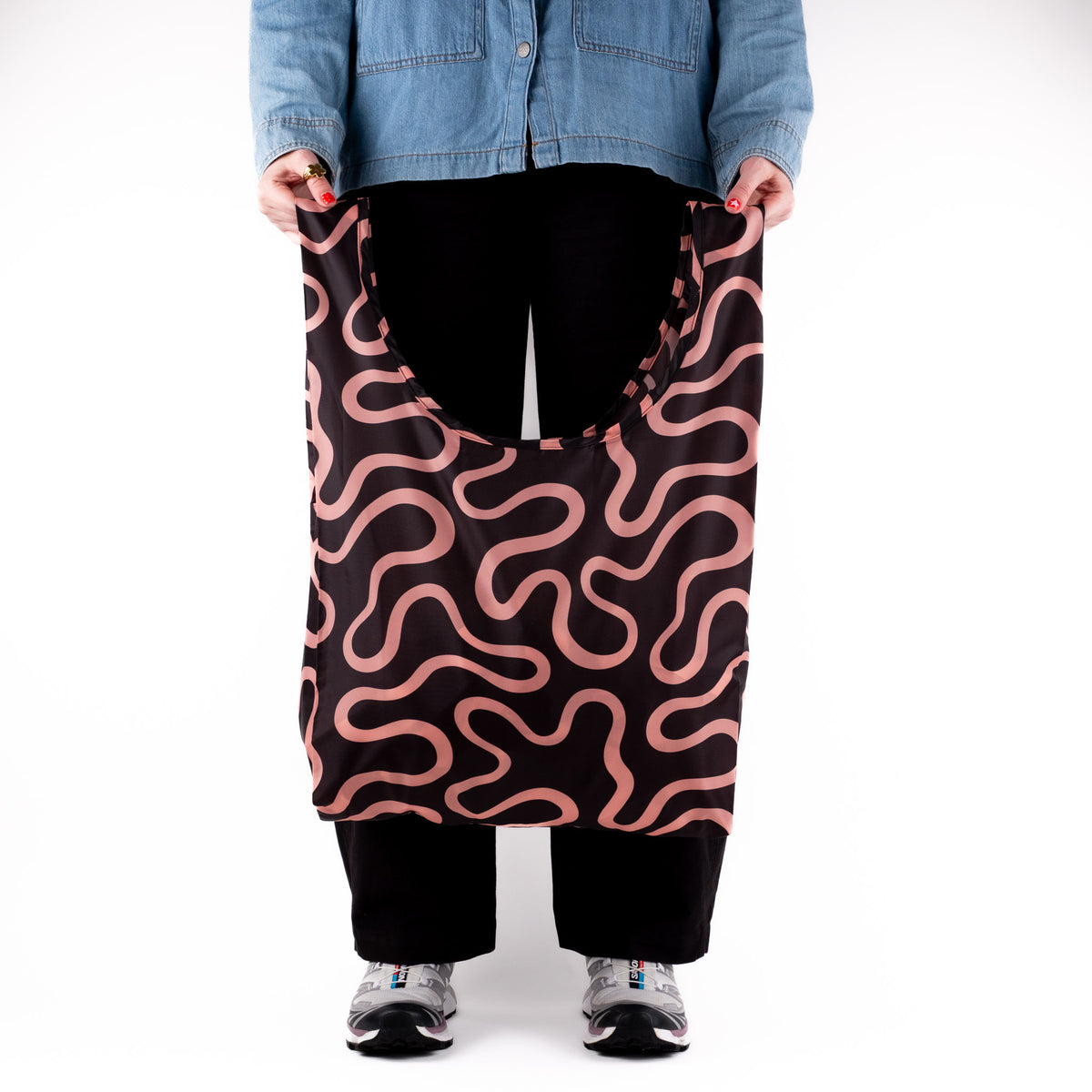 SOAKED Doodle black and peach swirl compact foldable recycled plastic tote bag, open