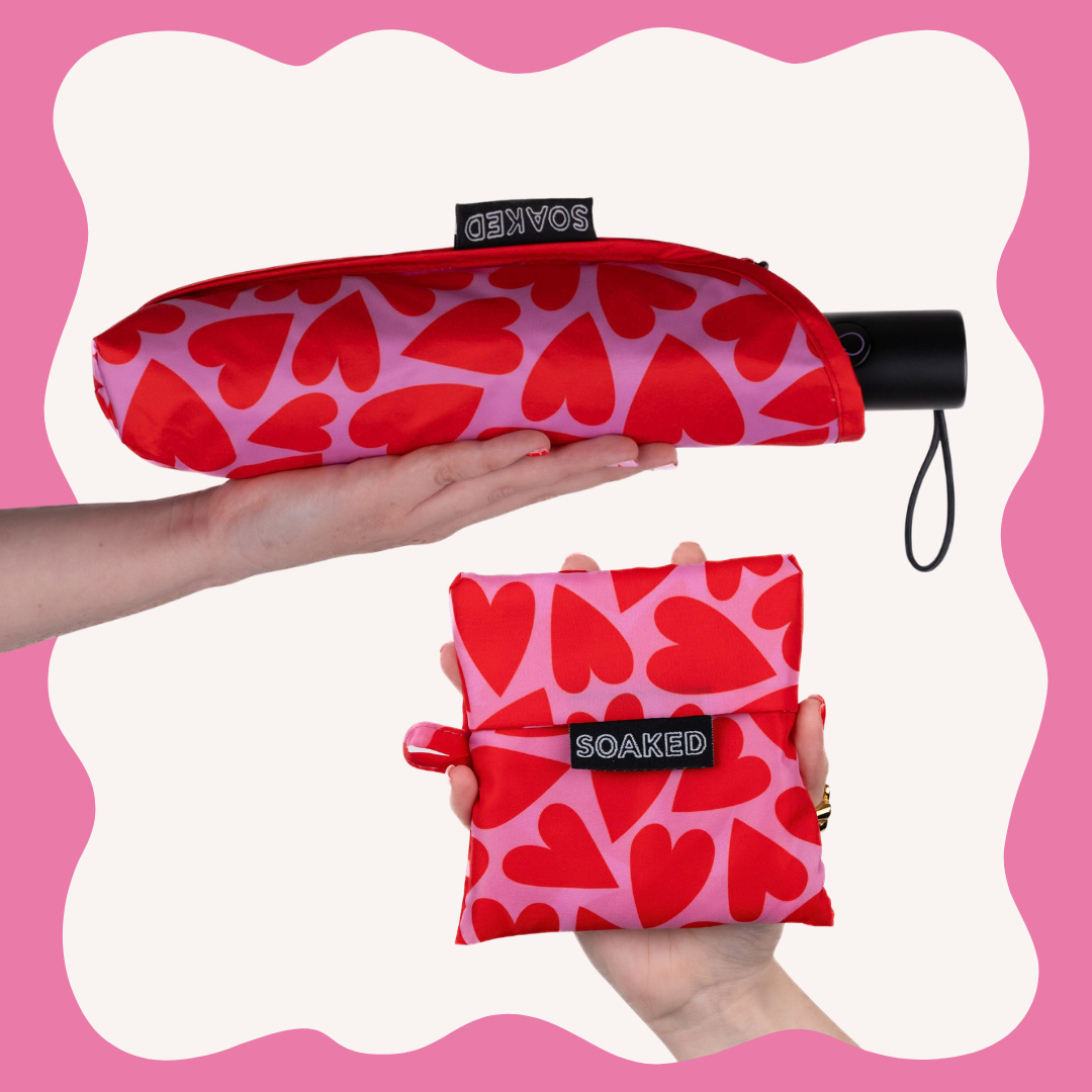 SOAKED Love Bug heart print umbrella and matching recycled tote bag set, folded small