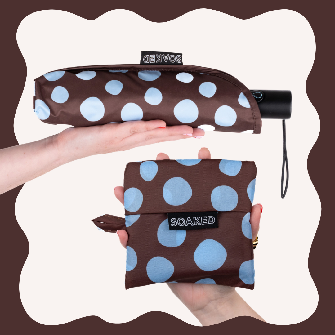 SOAKED Polka brown and sky blue polka dot umbrella and matching recycled tote bag set, folded small