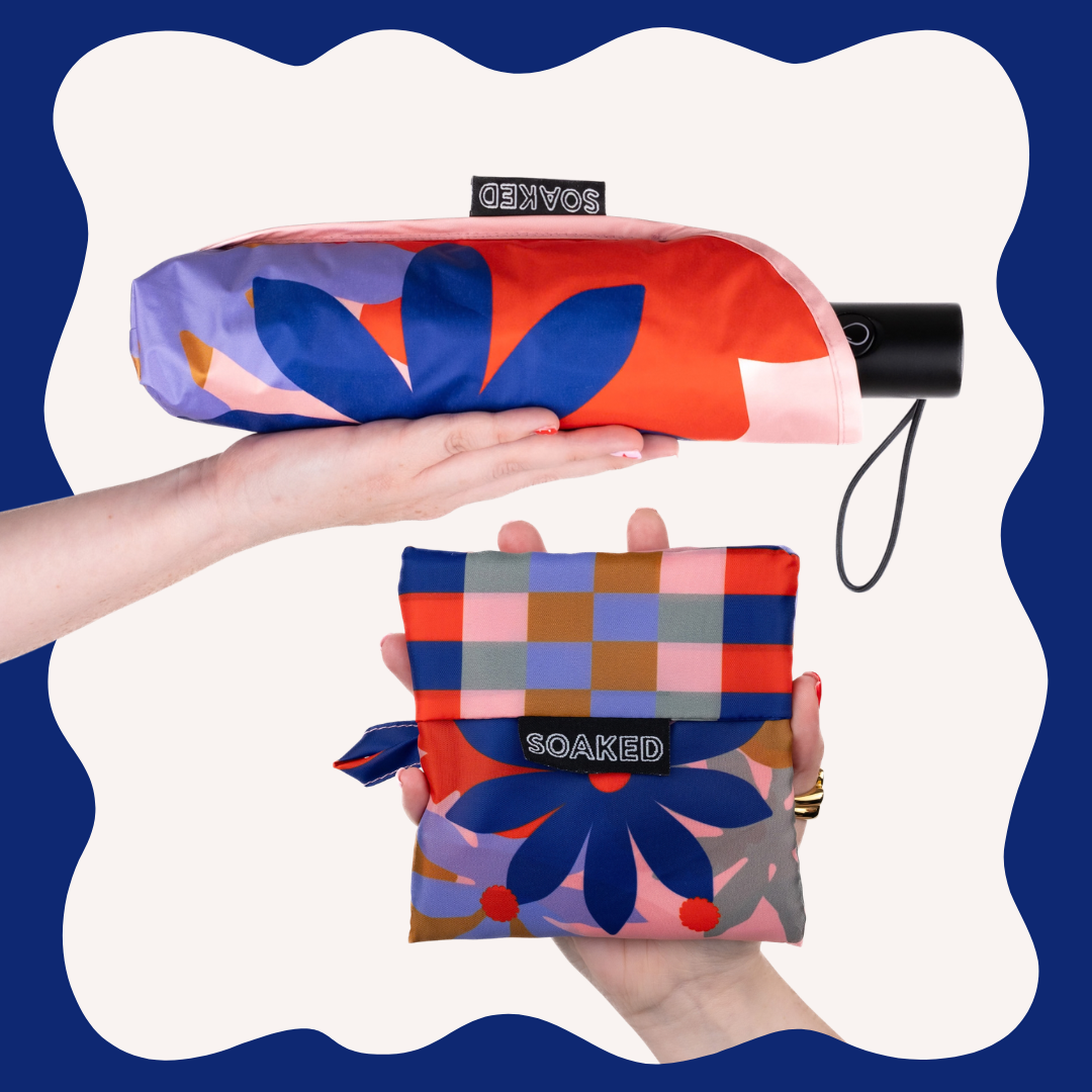 SOAKED Superbloom bold floral umbrella and matching recycled tote bag set, folded small