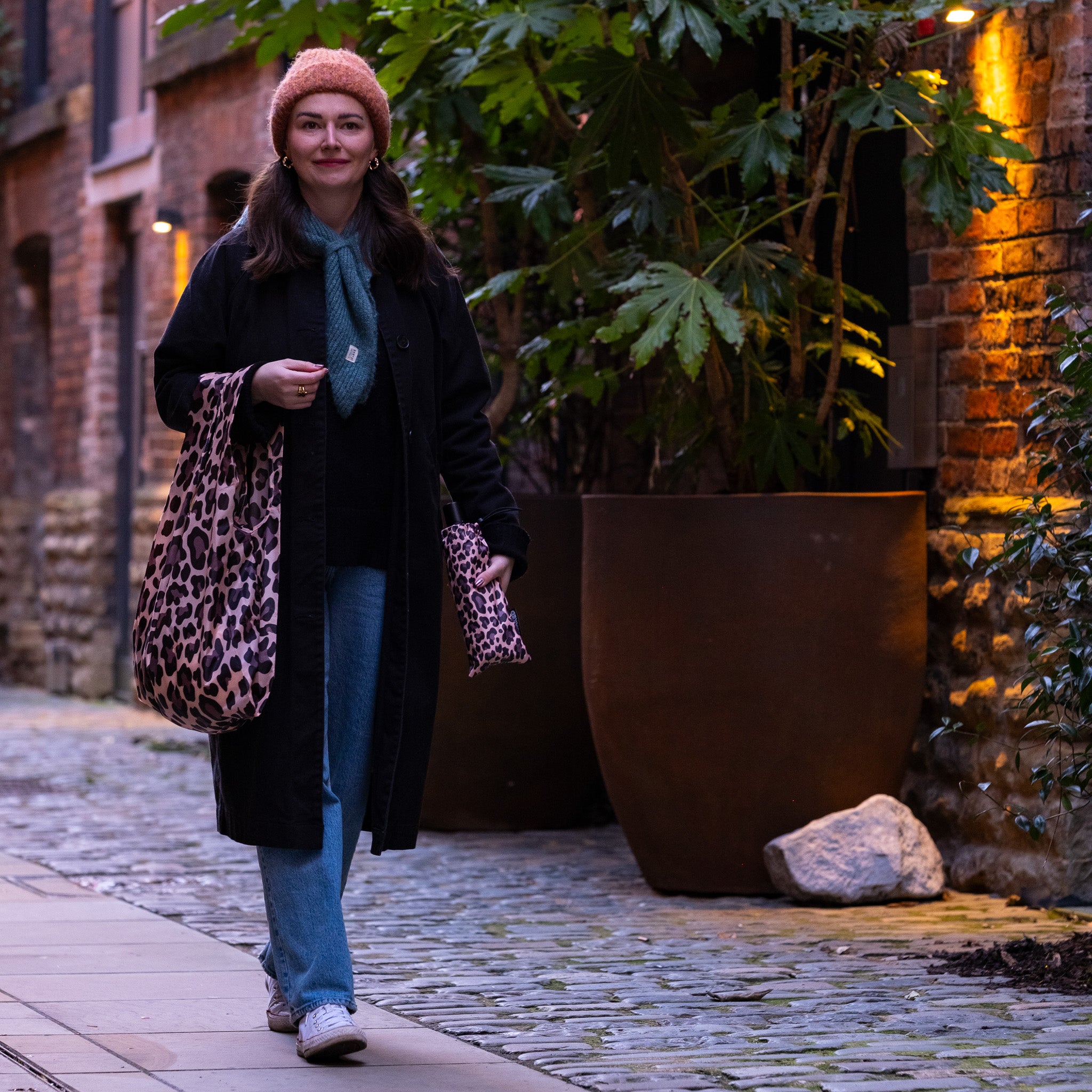 Wild Thing umbrella and matching reusable bag sustainable set showcasing bold pattern and rain-ready design