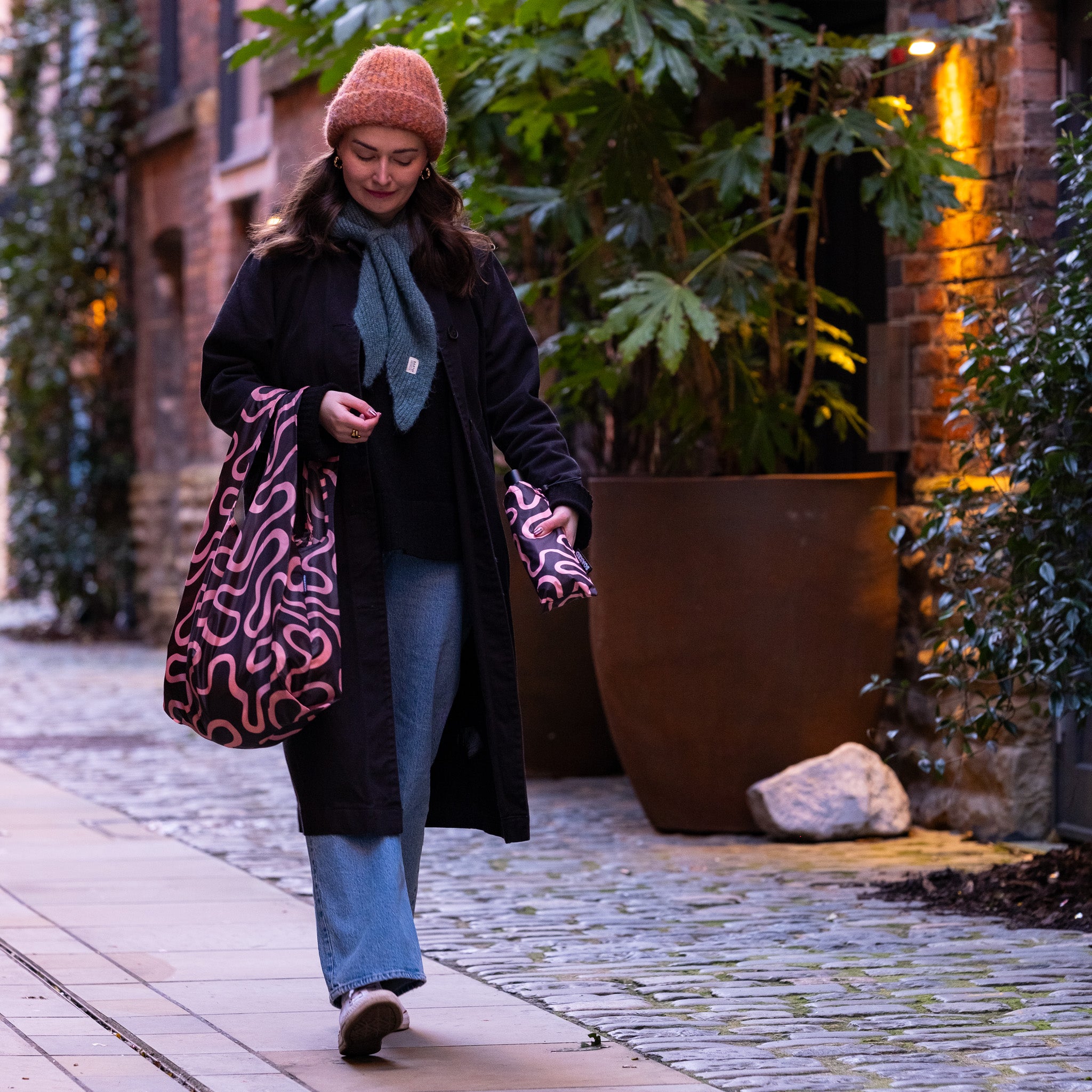 Doodle patterned umbrella and matching reusable bag set by SOAKED Umbrellas