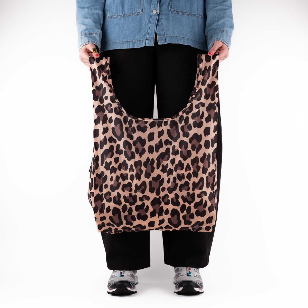 SOAKED Wild Thing leopard print compact foldable recycled plastic tote bag, open