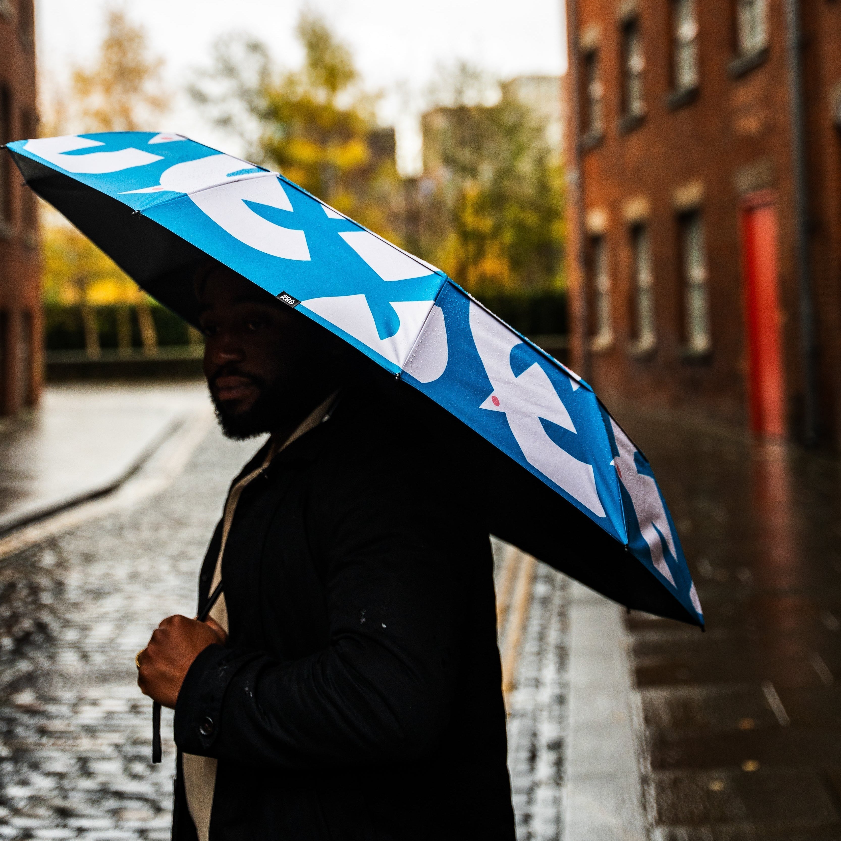 Durable umbrella and bags used in wet weather to illustrate everyday rain protection