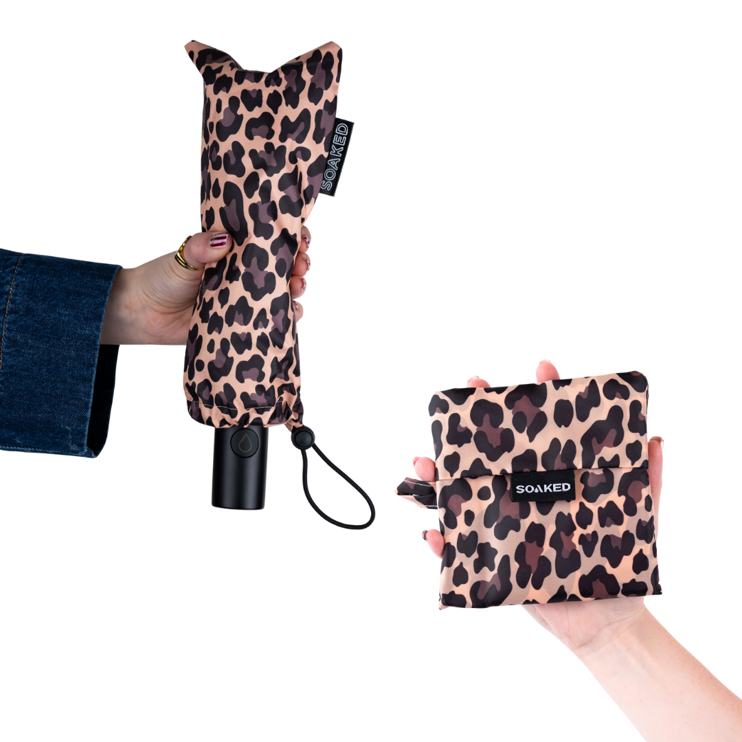 Close-up of Wild Thing bundle showing pattern on umbrella canopy and recycled bag fabric