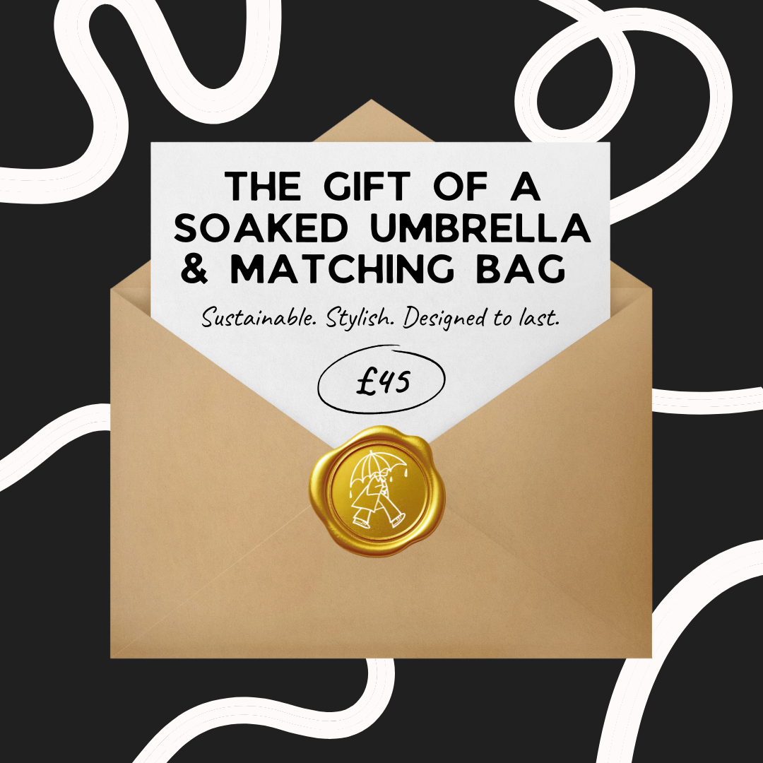 A SOAKED Umbrellas gift card for birthdays Christmas gifting for an umbrella and reusable bag bundle