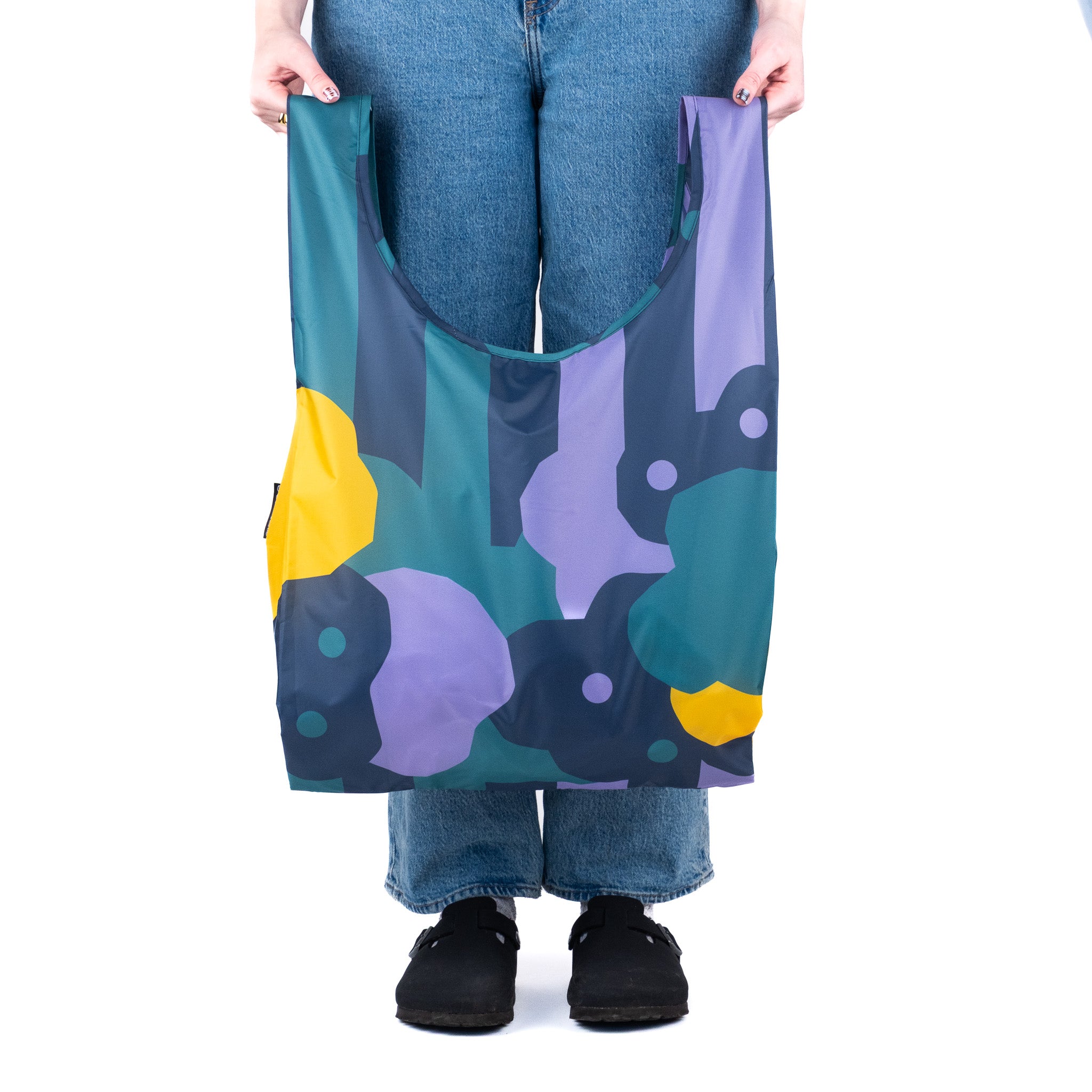 SOAKED CLOUDBURST reusable shopping bag with blue cloud-inspired print made from recycled plastic bottles