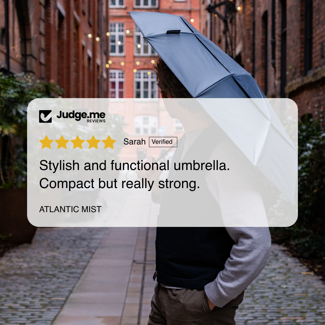 SOAKED Atlantic Mist umbrella — 5-star customer review, recycled umbrella Manchester