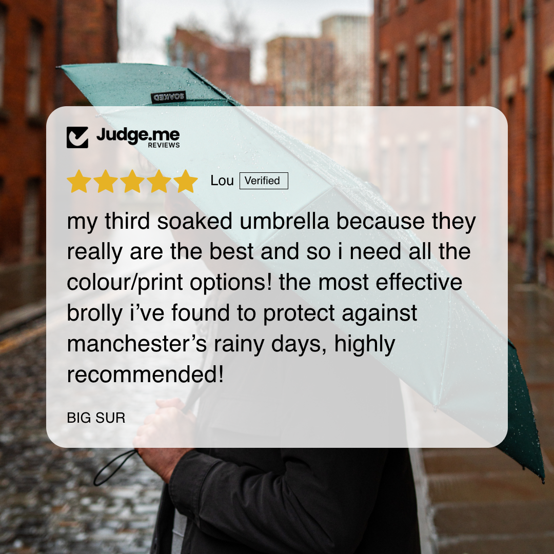 SOAKED Big Sur umbrella — 5-star customer review, eco umbrella brand Manchester