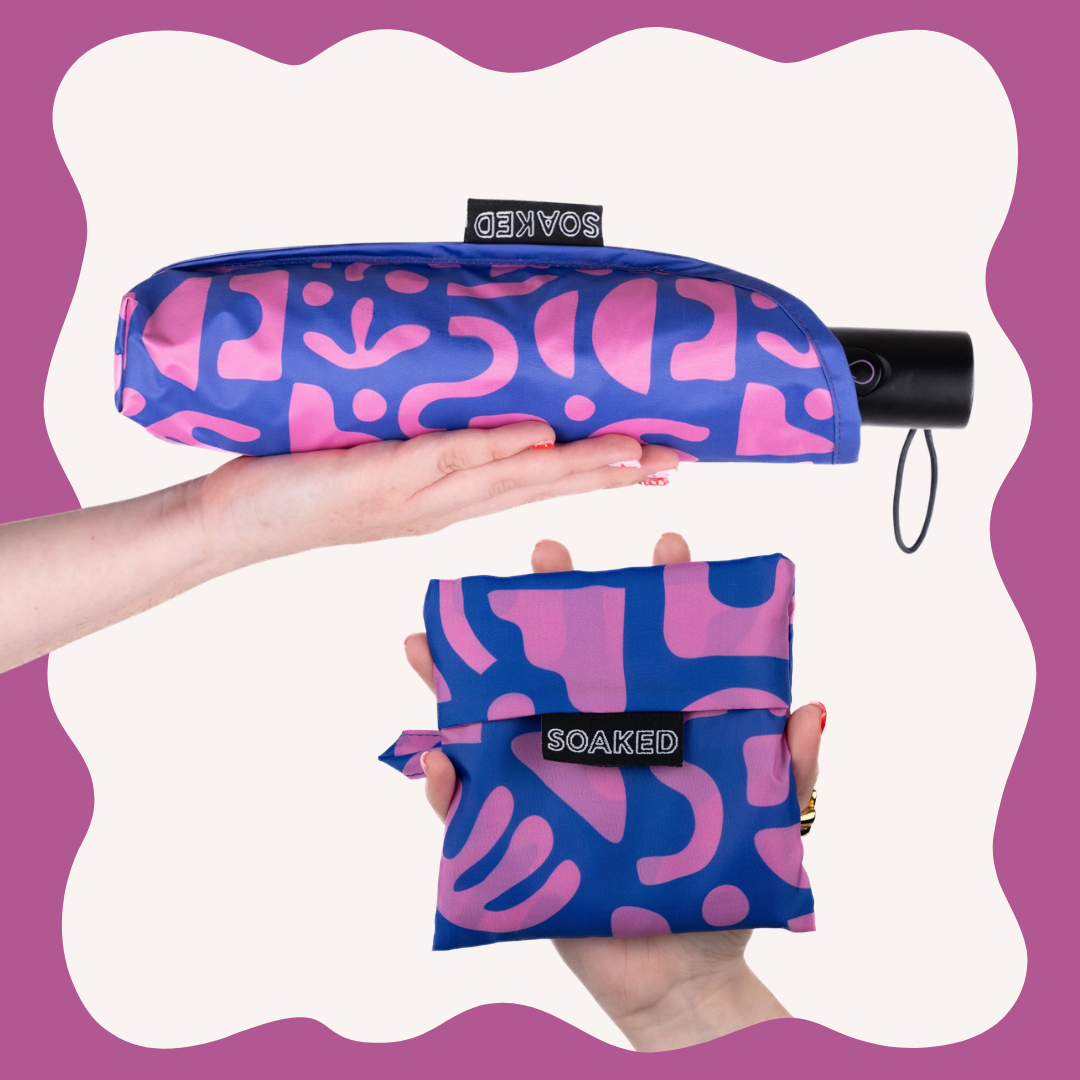 SOAKED Bits and Bobs purple and blue umbrella and matching recycled tote bag set, folded small