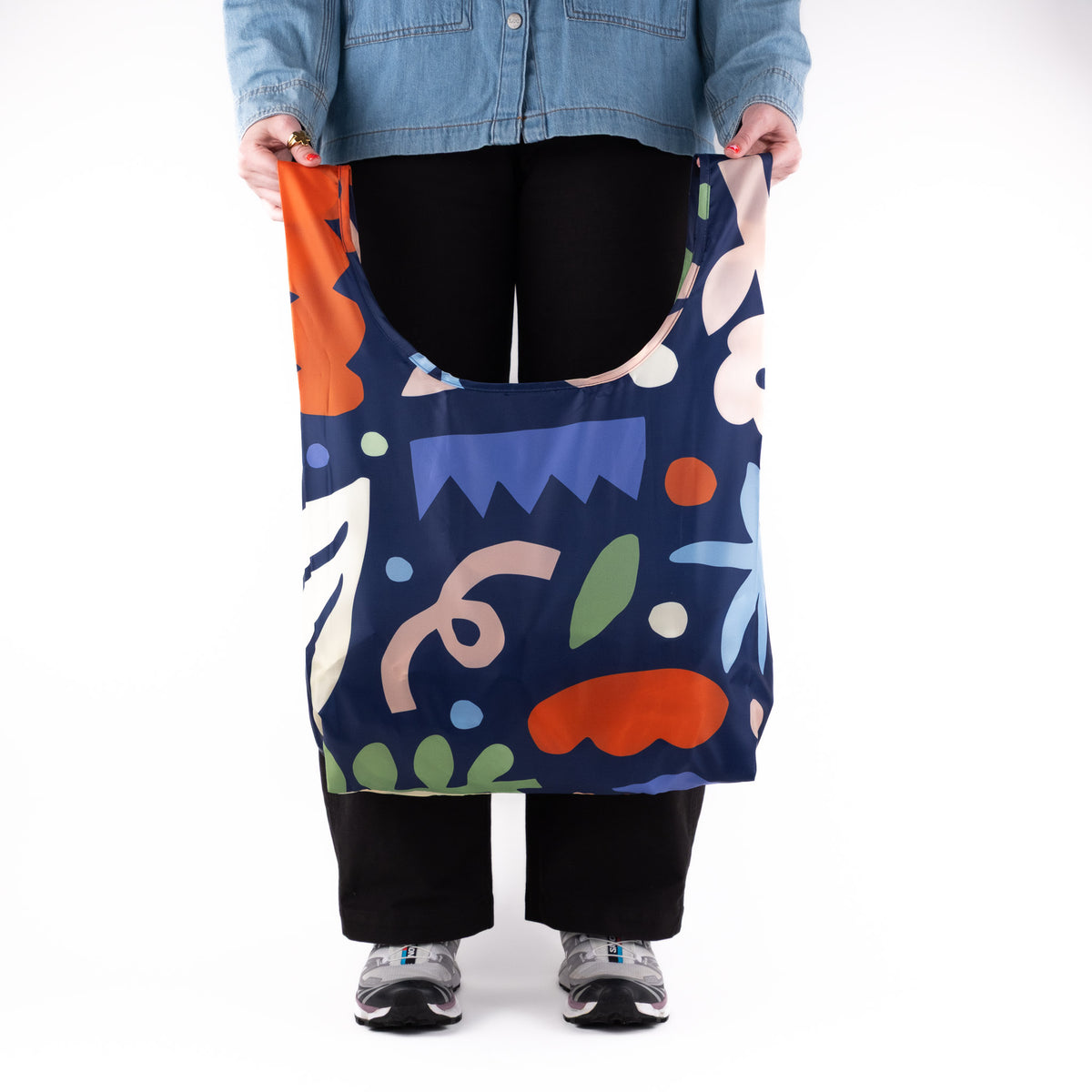 SOAKED Block Party abstract blue and purple compact foldable recycled plastic tote bag, open