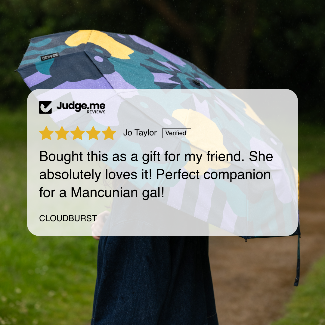 SOAKED Cloudburst umbrella — 5-star customer review, recycled umbrella brand Manchester