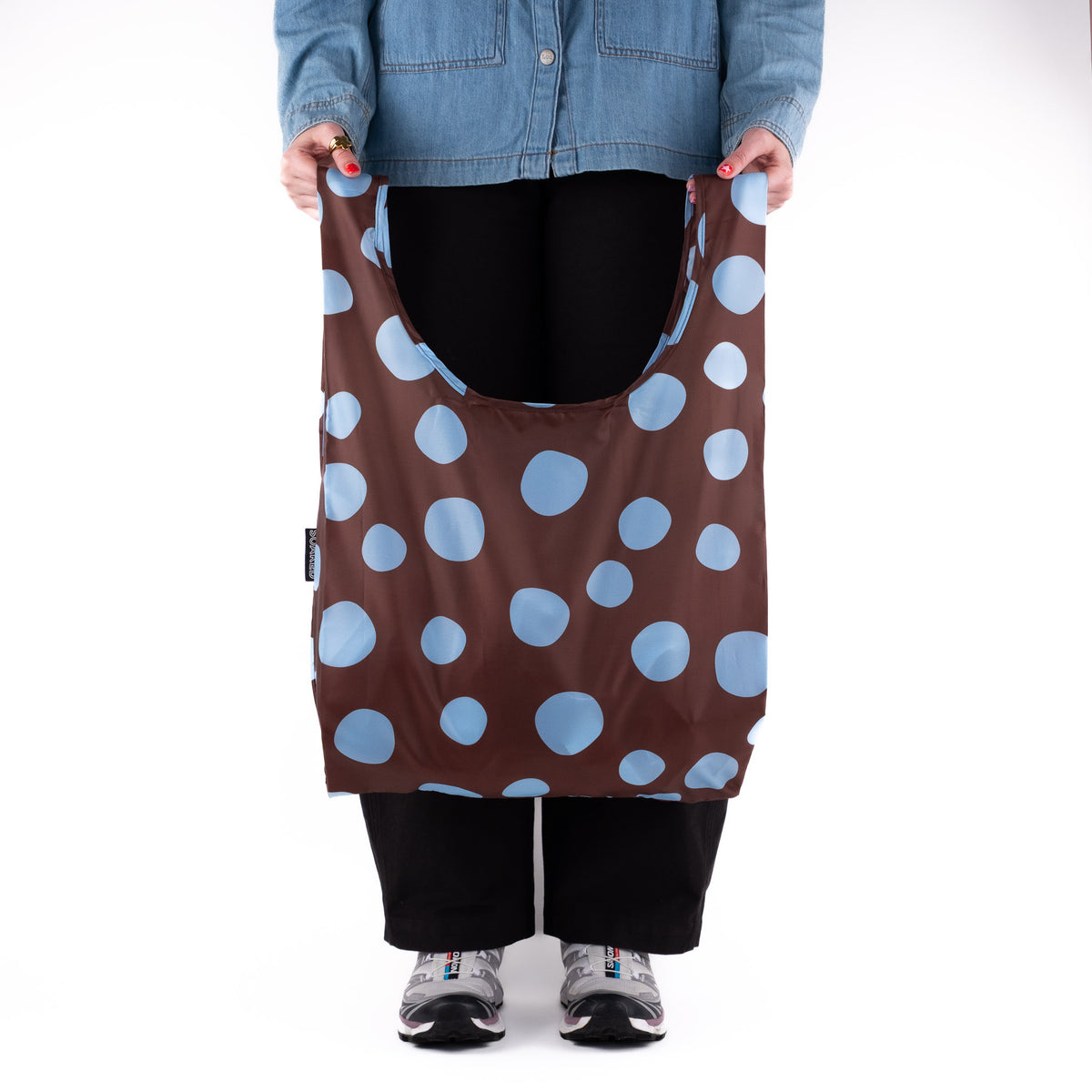 SOAKED Polka brown and sky blue polka dot compact foldable recycled plastic tote bag, open