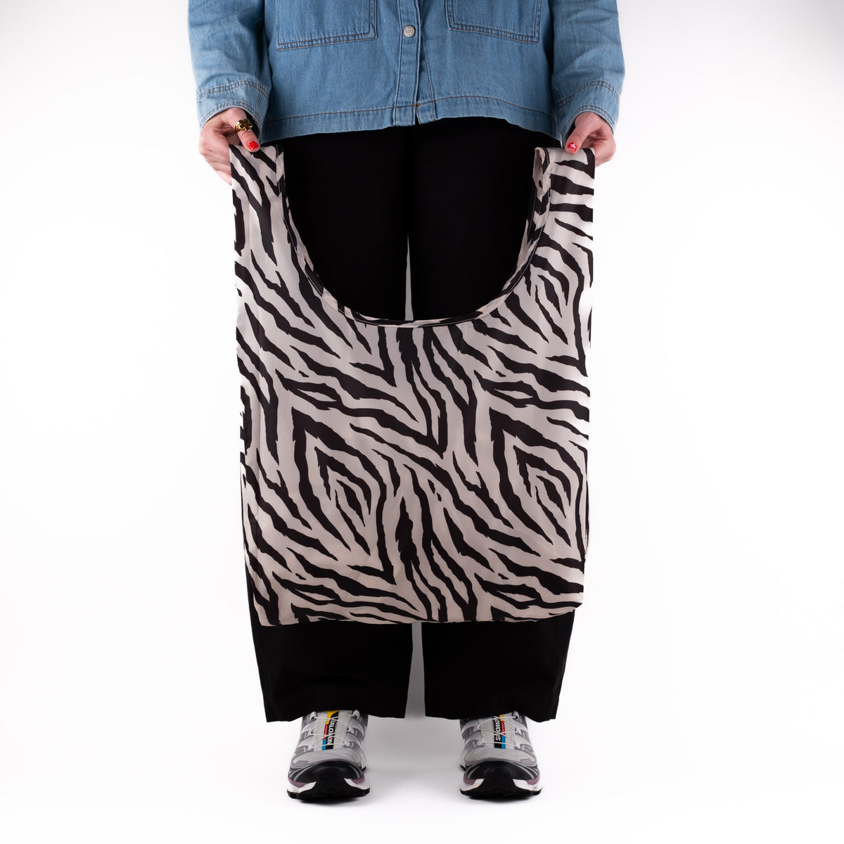 SOAKED Safari zebra print compact foldable recycled plastic tote bag, open