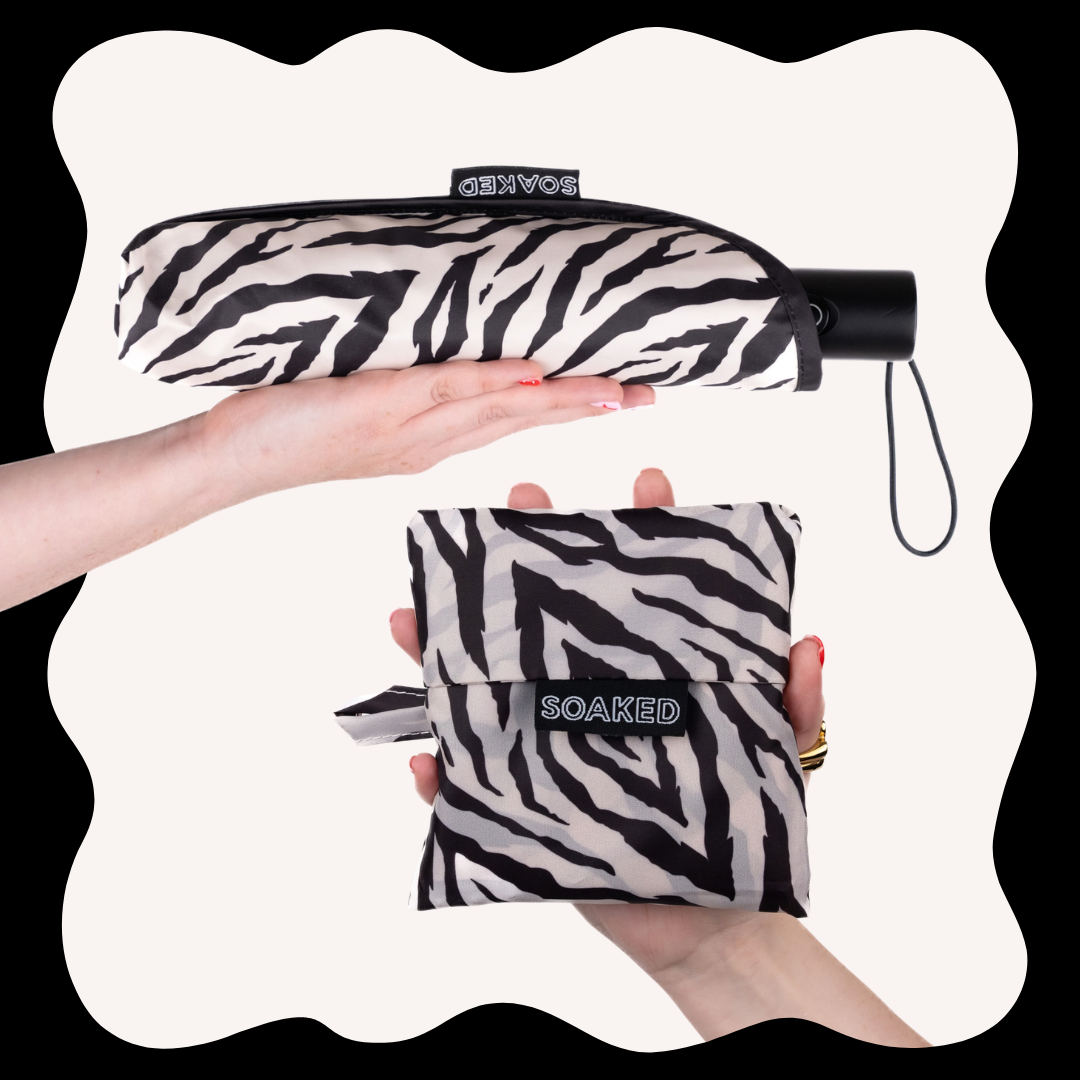 SOAKED Safari zebra print umbrella and matching recycled tote bag set, folded small