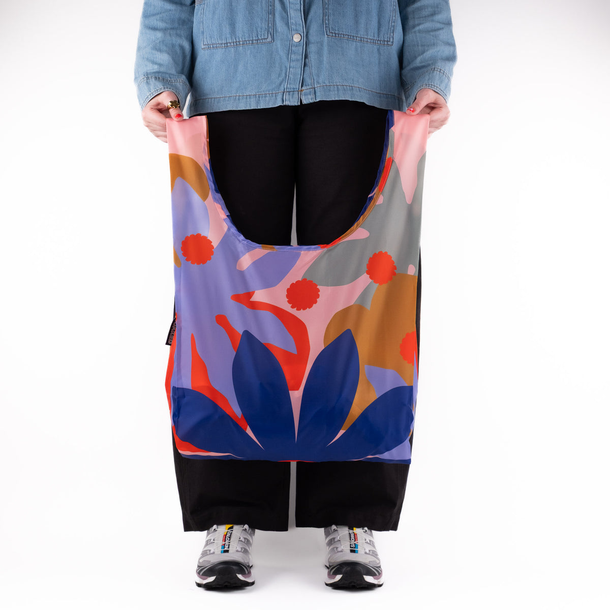 SOAKED Superbloom bold floral compact foldable recycled plastic tote bag, open