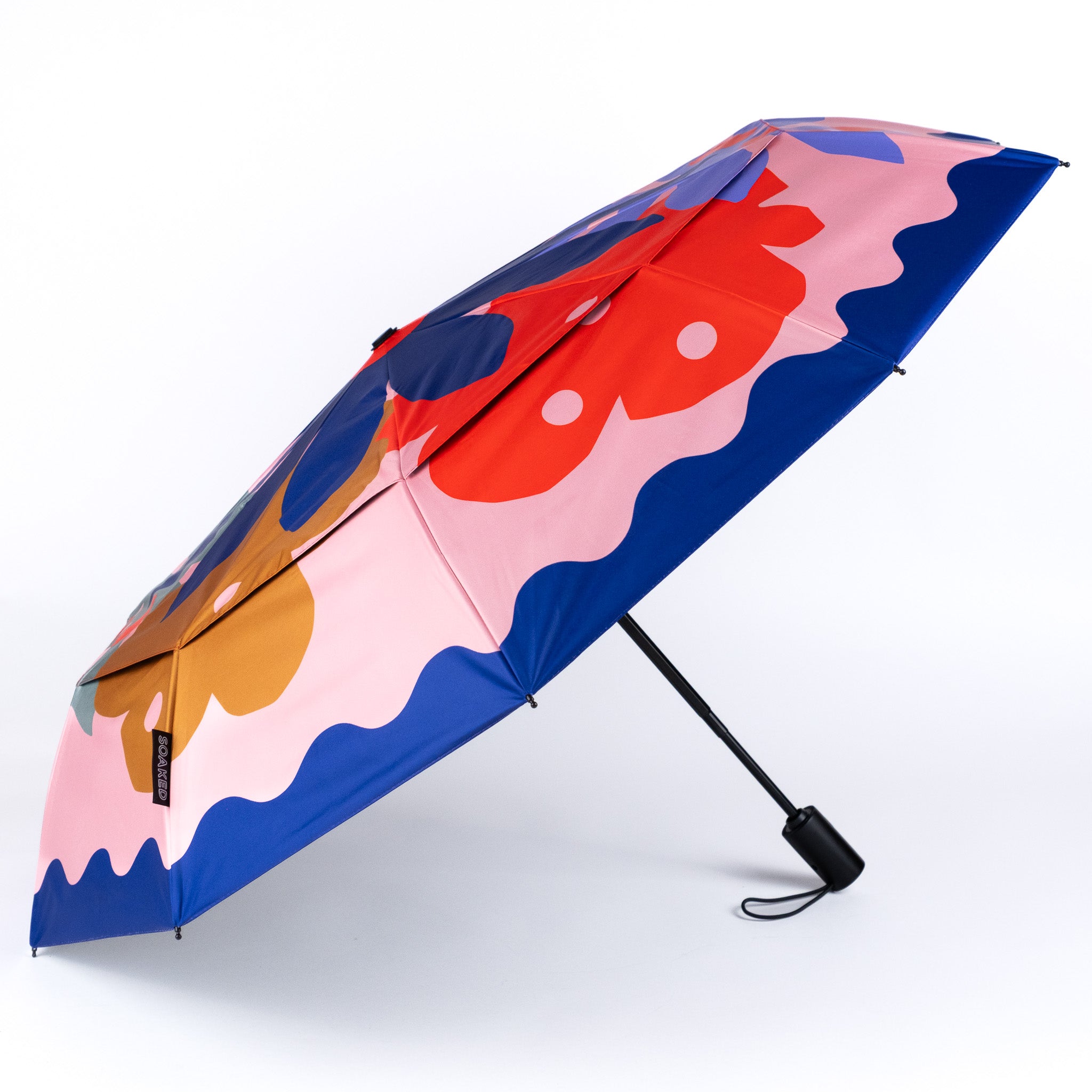 SOAKED Superbloom wind-resistant umbrella with recycled fabric canopy and automatic open close