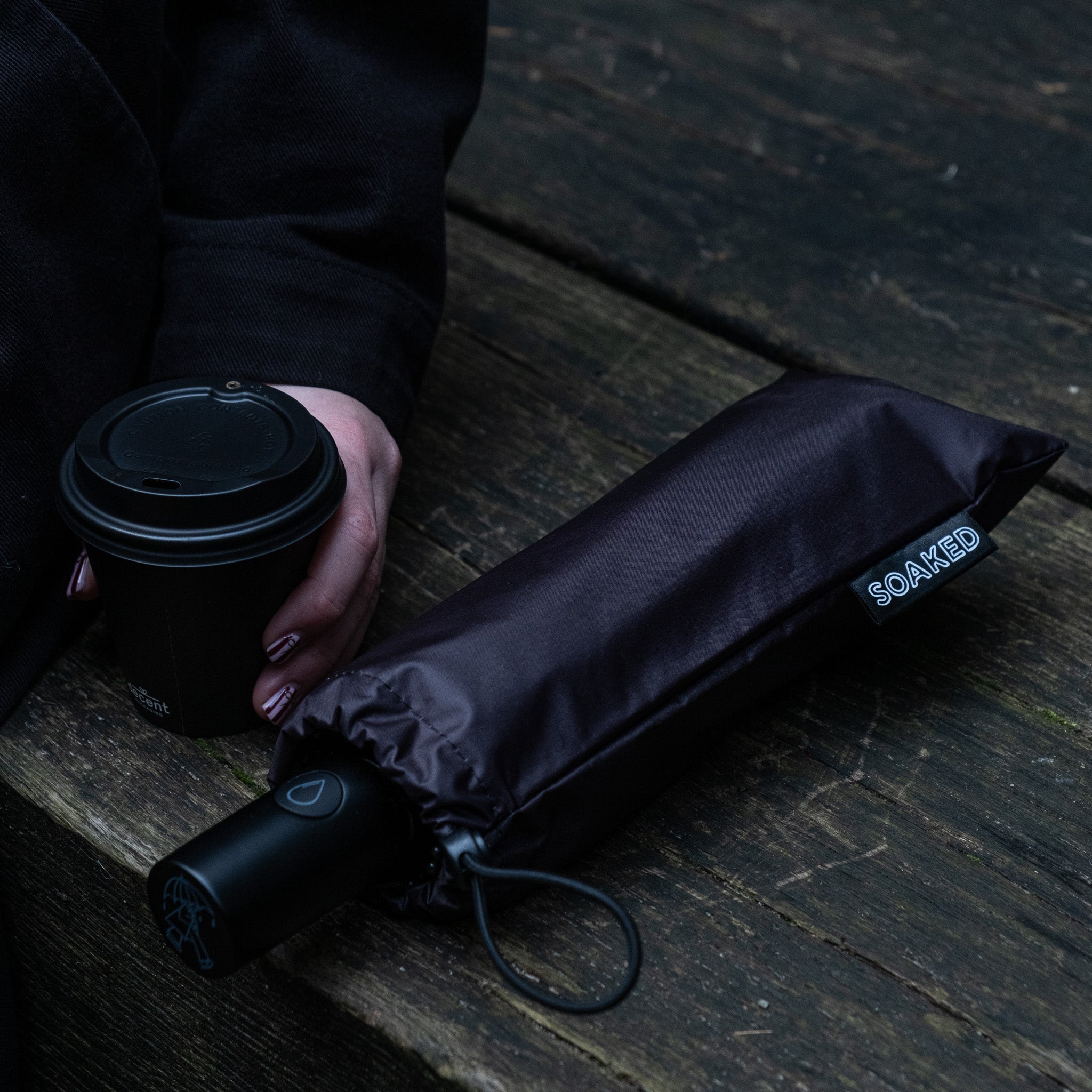 Close-up of SOAKED umbrella automatic release button