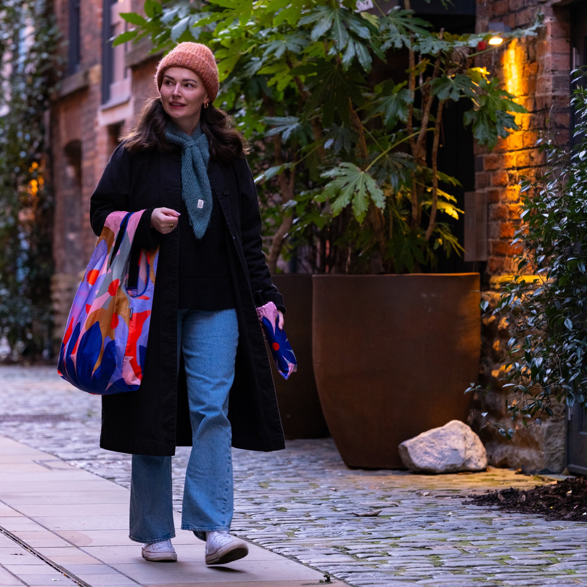Superbloom umbrella and matching reusable bag bundle showing vibrant floral design
