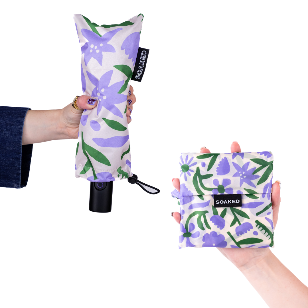 SOAKED Wildflowers umbrella and matching recycled tote bag gift bundle — eco-friendly, FSC-certified packaging, designed in Manchester