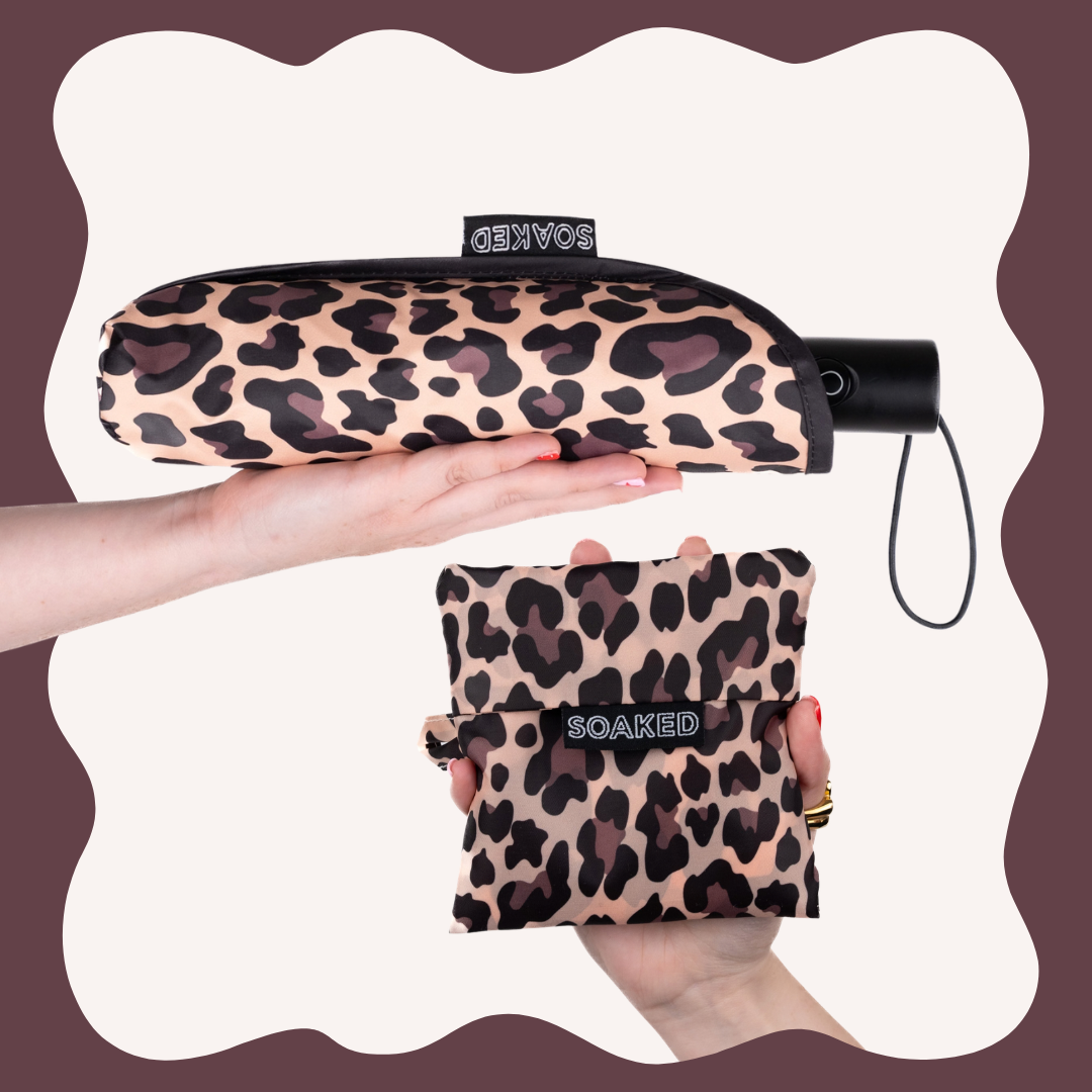 SOAKED Wild Thing leopard print umbrella and matching recycled tote bag set, folded small