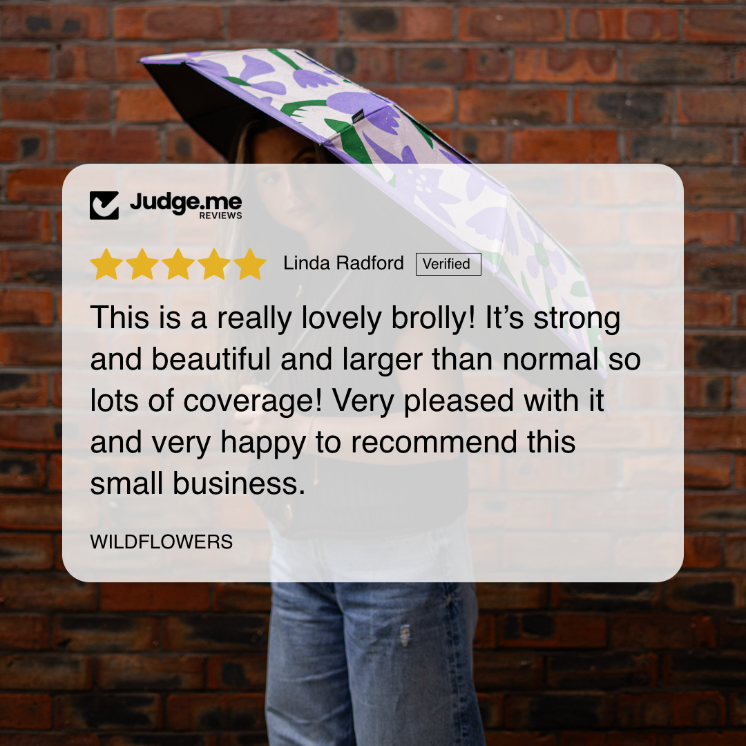 SOAKED Wildflowers umbrella — 5-star customer review, eco umbrella brand Manchester