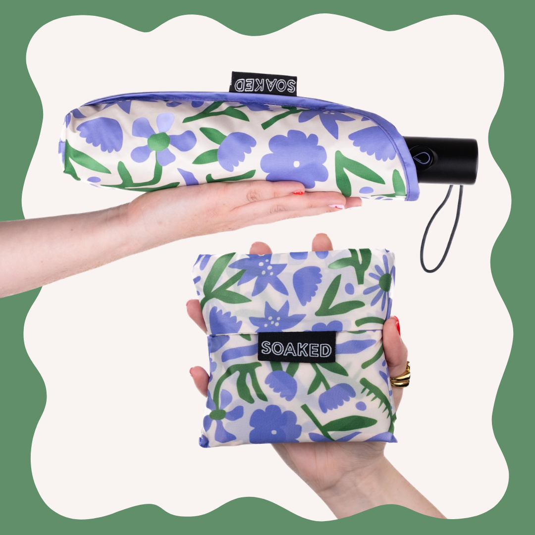 SOAKED Wildflowers floral umbrella and matching recycled tote bag set, folded small